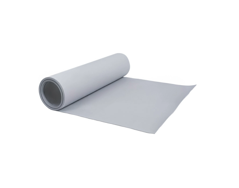 ACH-R20/1-07-GY Arma-Chek R 1mm grey CSM covering sheet roll, partially unrolled on a white background, showcasing flexible polymeric material for industrial insulation protection. ACH-R20/1-07-GY Arma-Chek R 1mm grey CSM covering sheet roll, partially unrolled on a white background, showcasing flexible polymeric material for industrial insulation protection.